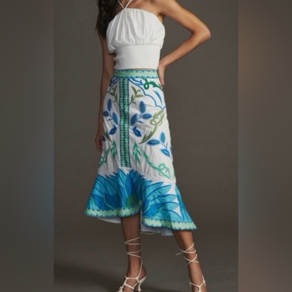 Anthropologie Maeve Deco Mermaid Embroidered Midi Skirt, Size 2